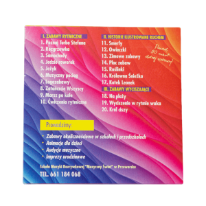 Tył opakowania płyty CD Muzyczny Świat Dziecka 2 z listą utworów i informacjami kontaktowymi.